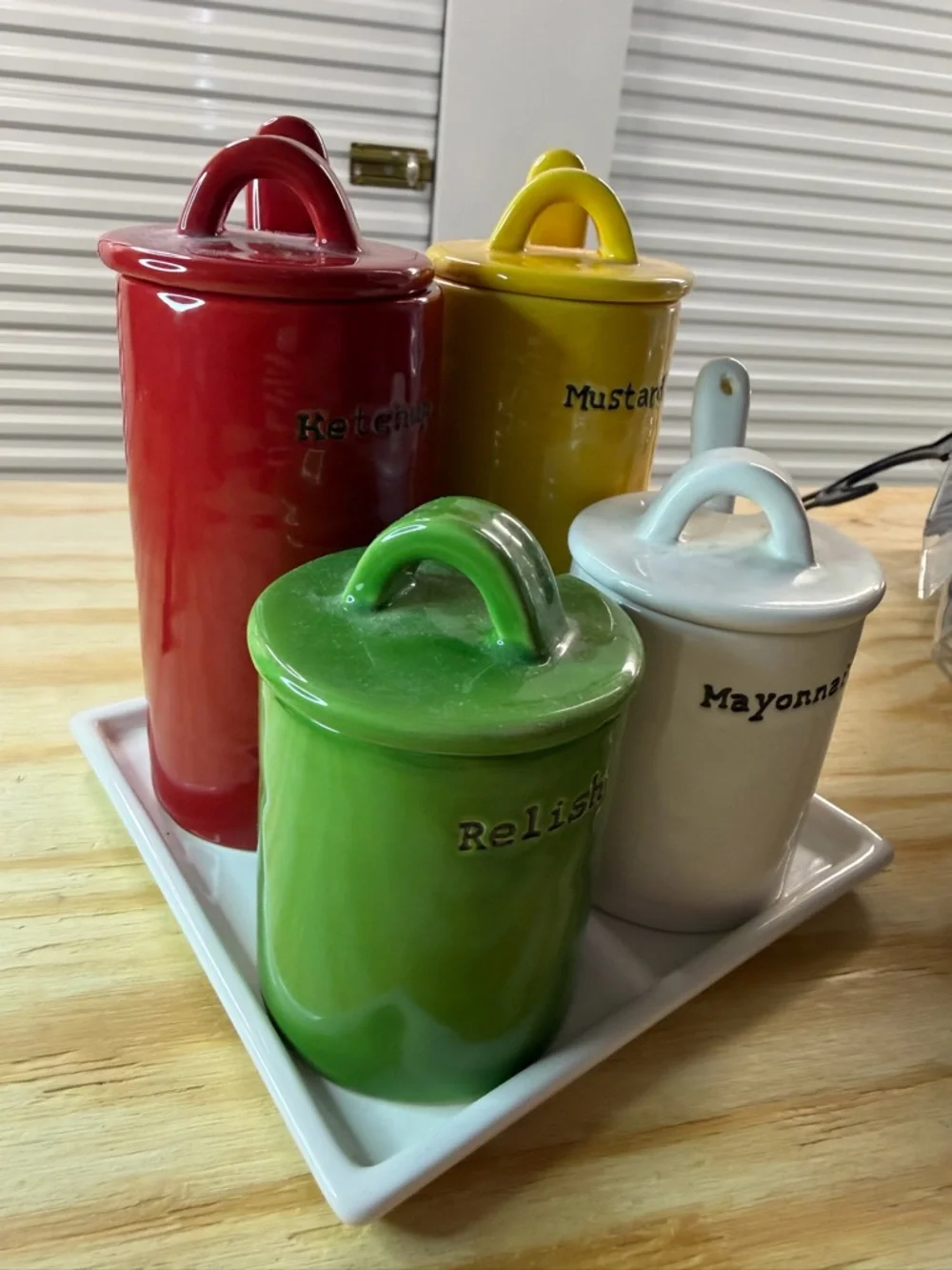 Pottery Barn Ceramic Condiment Set‎ in Red, Yellow, Green, and White